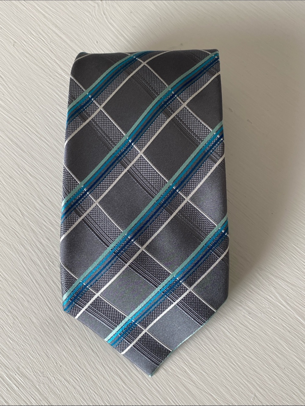 Stafford Gray Tie with Blue and Teal Plaid Stripes